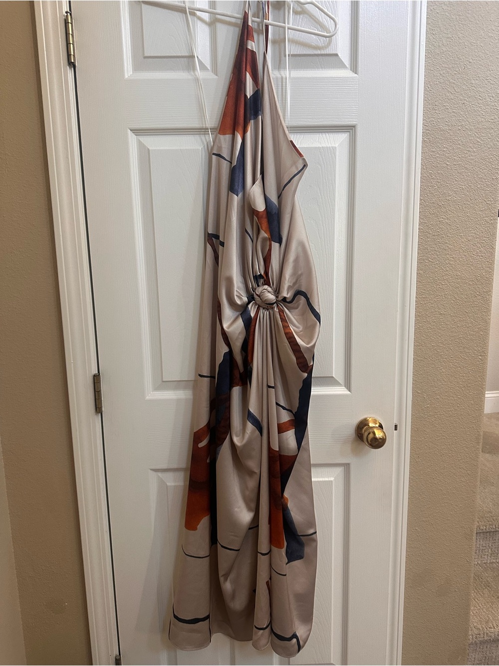 JLUXLABEL Ivory Satin Midi Dress with Rust and Navy Abstract Print - Picture 2 of 5